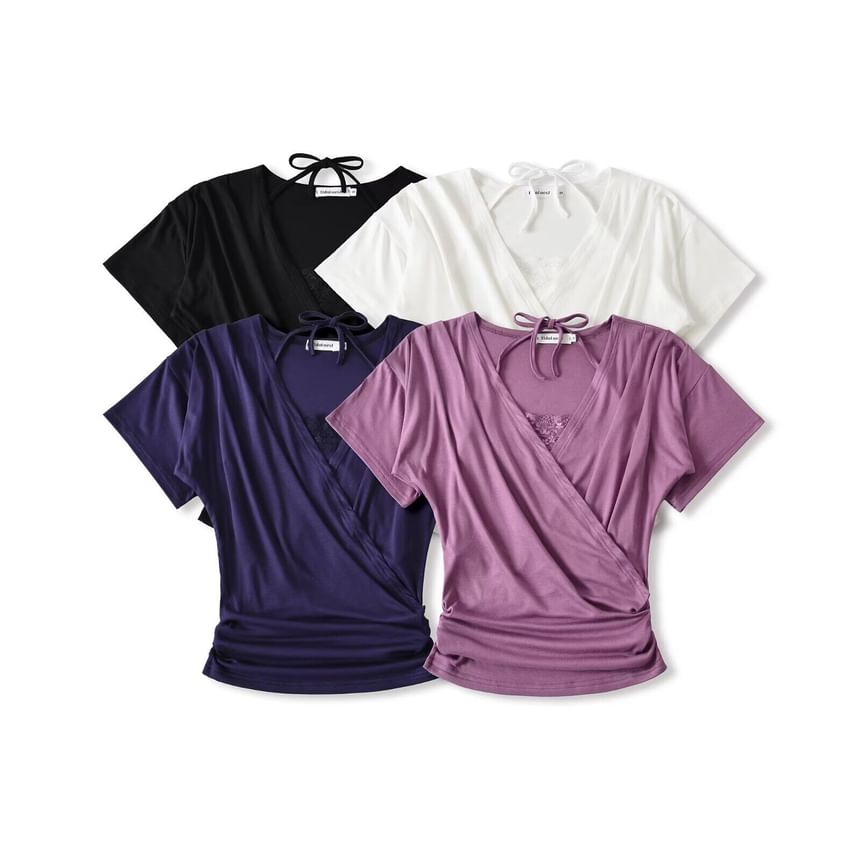 Set: Short-Sleeve V-Neck Plain Wrap Top + Halter Neck Lace Trim Crop Camisole Top
