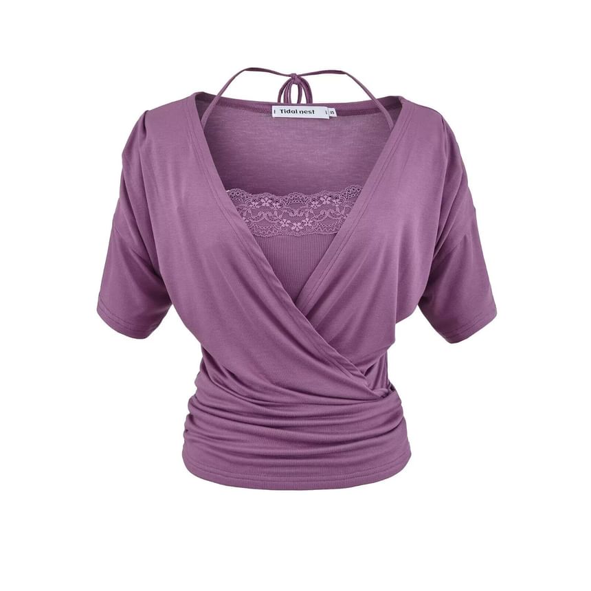 Set: Short-Sleeve V-Neck Plain Wrap Top + Halter Neck Lace Trim Crop Camisole Top