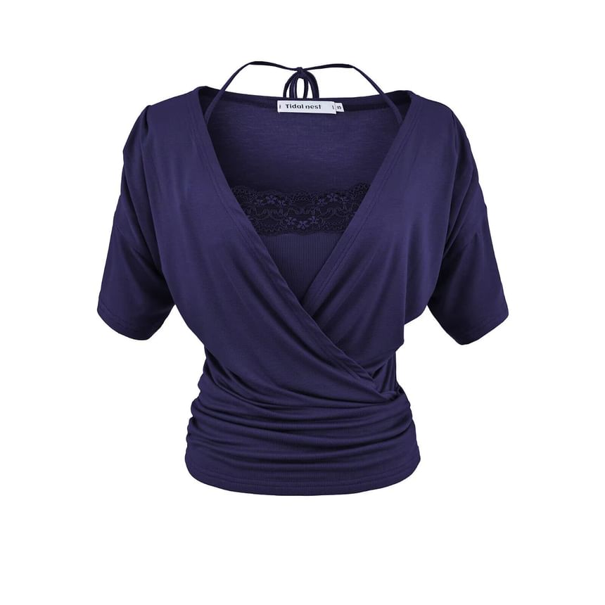 Set: Short-Sleeve V-Neck Plain Wrap Top + Halter Neck Lace Trim Crop Camisole Top