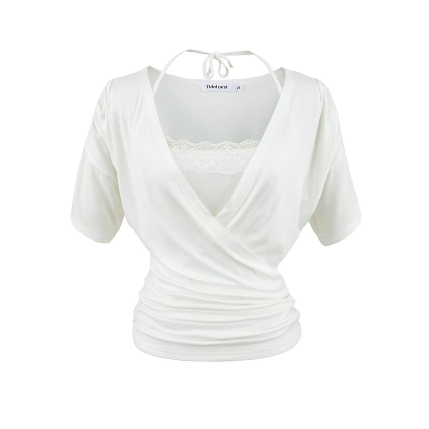 Set: Short-Sleeve V-Neck Plain Wrap Top + Halter Neck Lace Trim Crop Camisole Top