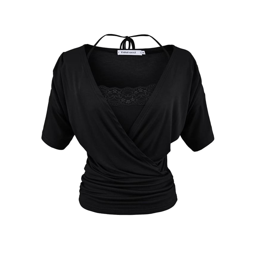 Set: Short-Sleeve V-Neck Plain Wrap Top + Halter Neck Lace Trim Crop Camisole Top