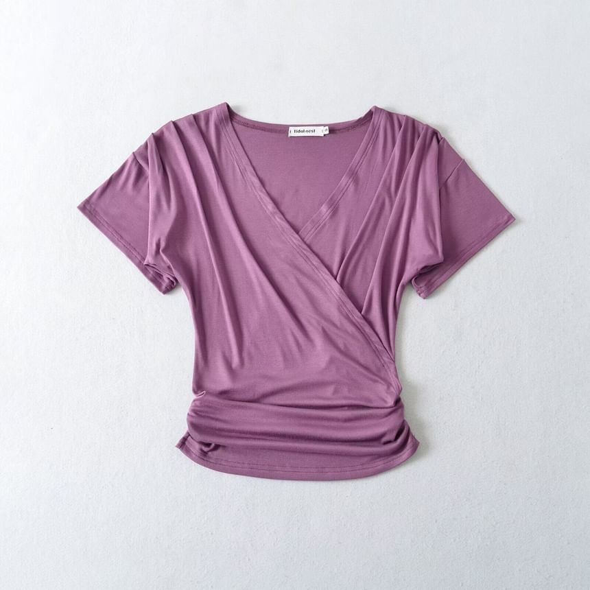 Set: Short-Sleeve V-Neck Plain Wrap Top + Halter Neck Lace Trim Crop Camisole Top