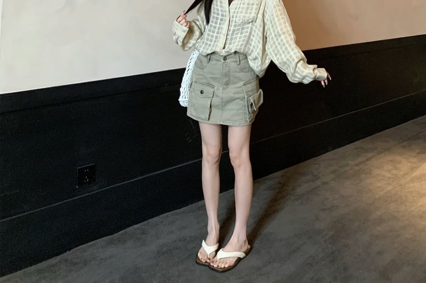 Plaid Button-Up Shirt / Mid Rise Washed Mini A-Line Cargo Skirt