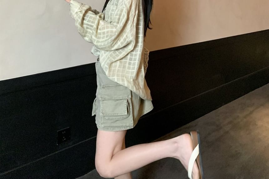 Plaid Button-Up Shirt / Mid Rise Washed Mini A-Line Cargo Skirt