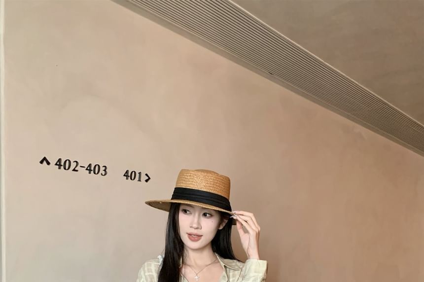Plaid Button-Up Shirt / Mid Rise Washed Mini A-Line Cargo Skirt