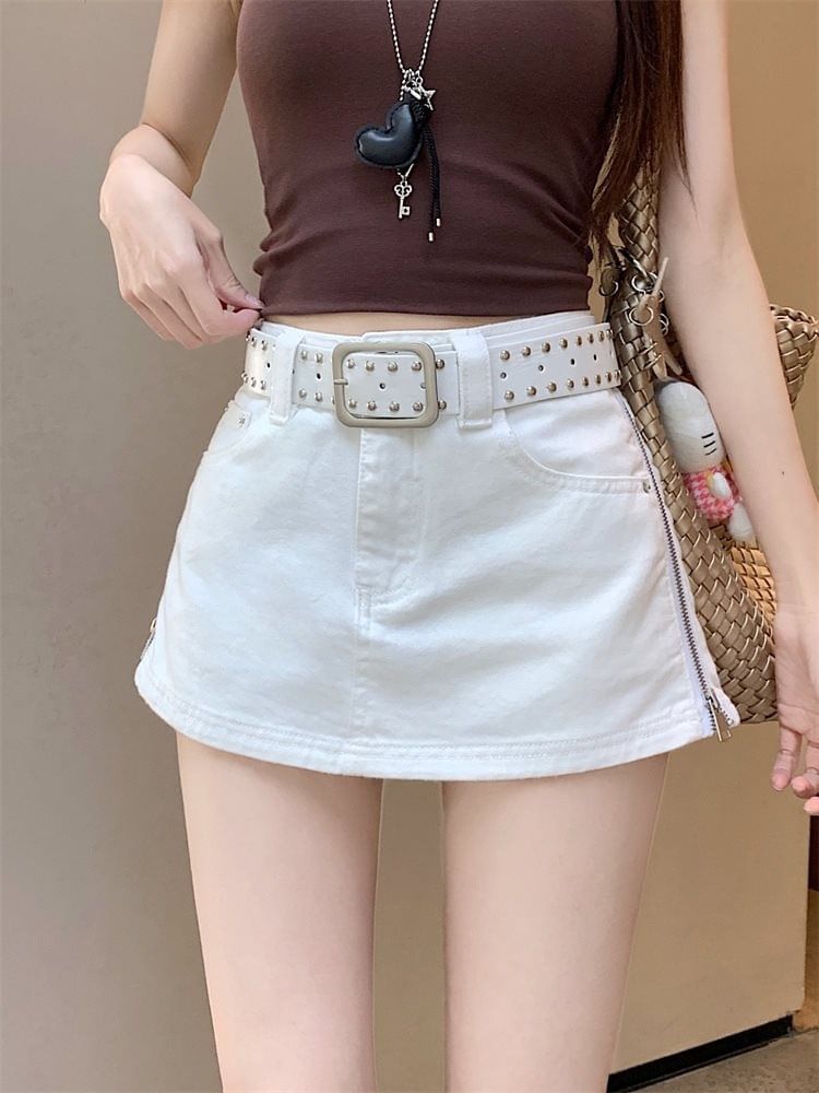 Mid Rise Zip Detail Mini A-Line Skirt with Studded Belt