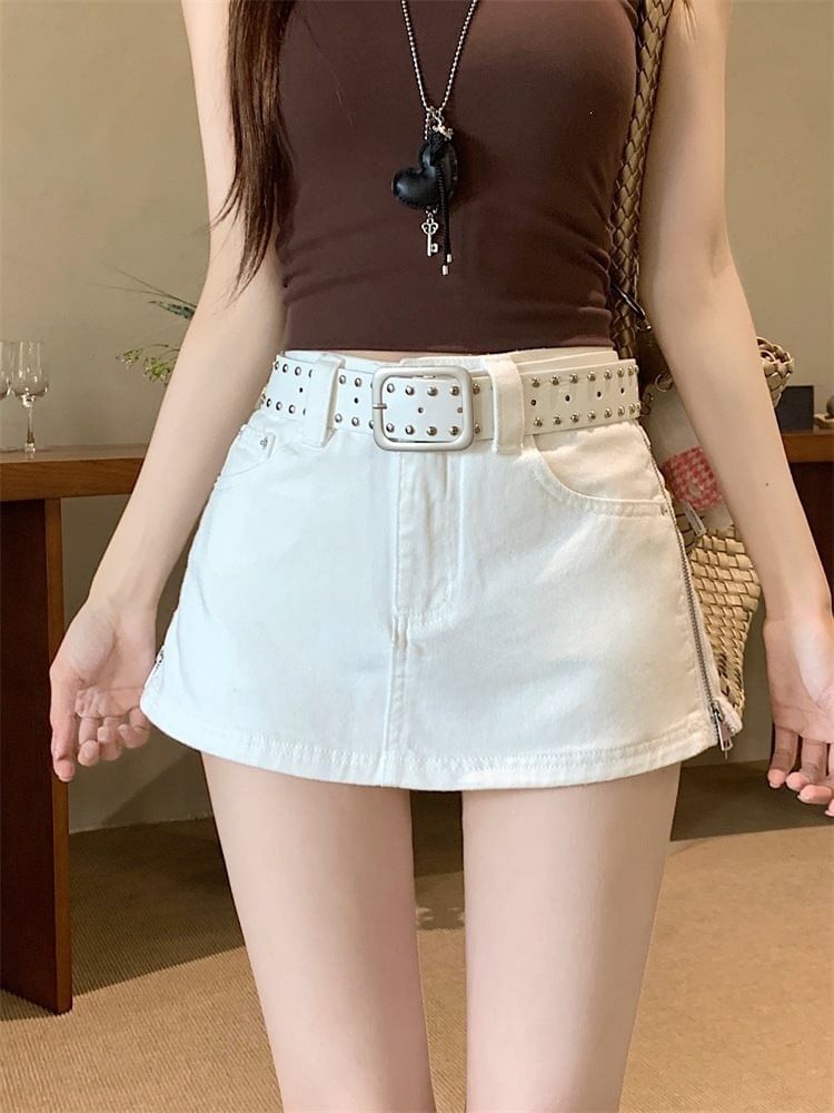 Mid Rise Zip Detail Mini A-Line Skirt with Studded Belt