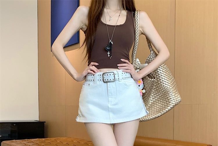 Mid Rise Zip Detail Mini A-Line Skirt with Studded Belt