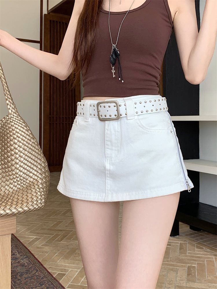 Mid Rise Zip Detail Mini A-Line Skirt with Studded Belt