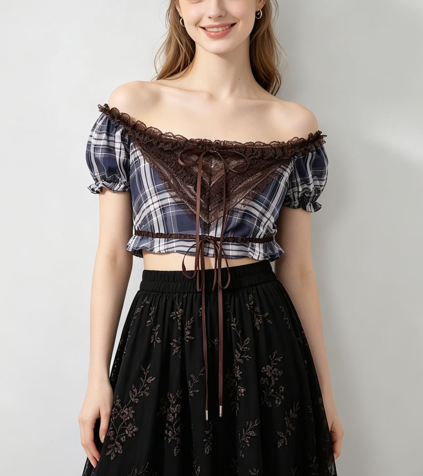 Puff Sleeve Lace Panel Plaid Crop Blouse