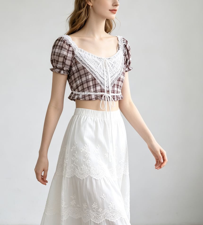 Puff Sleeve Lace Panel Plaid Crop Blouse