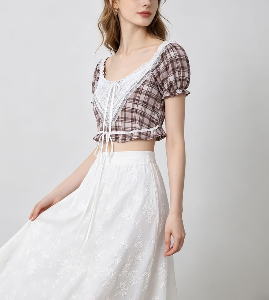 Puff Sleeve Lace Panel Plaid Crop Blouse