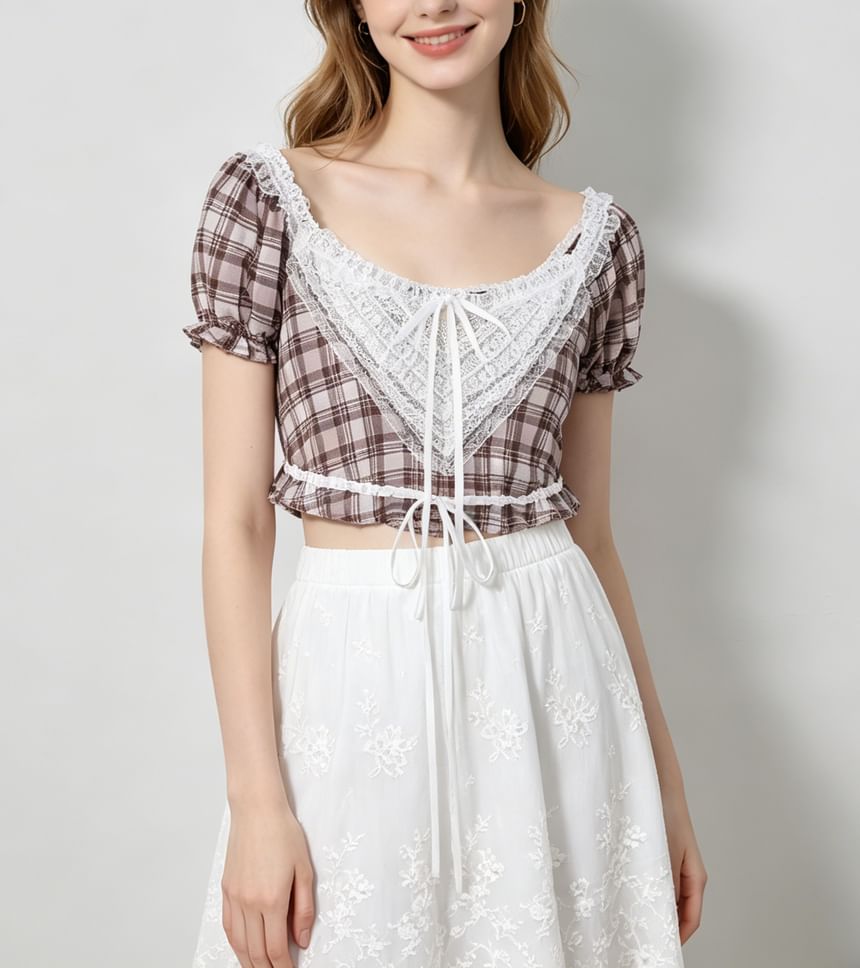 Puff Sleeve Lace Panel Plaid Crop Blouse