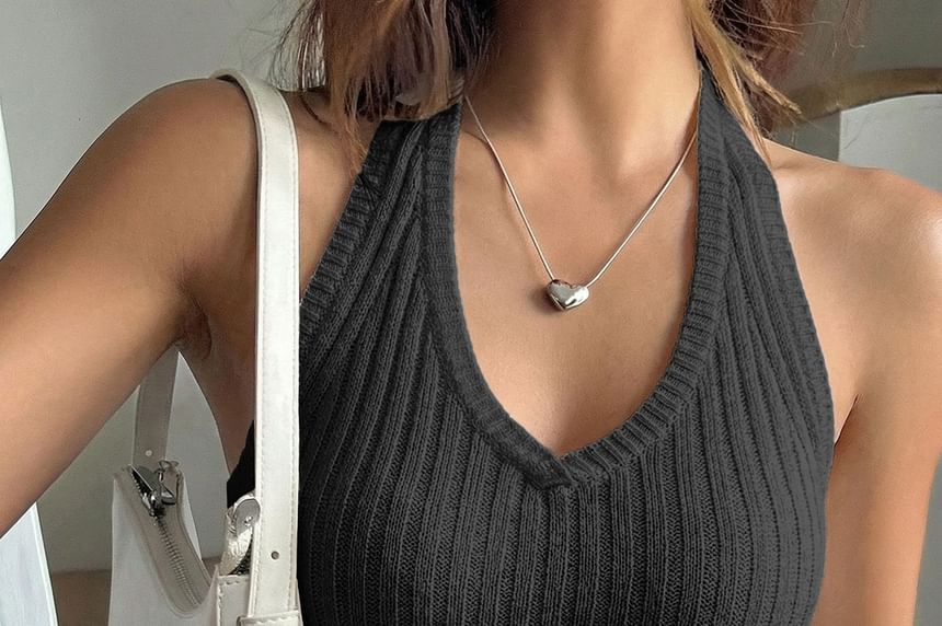 V-Neck Halter Ribbed Knit Crop Tank Top Slim Fit