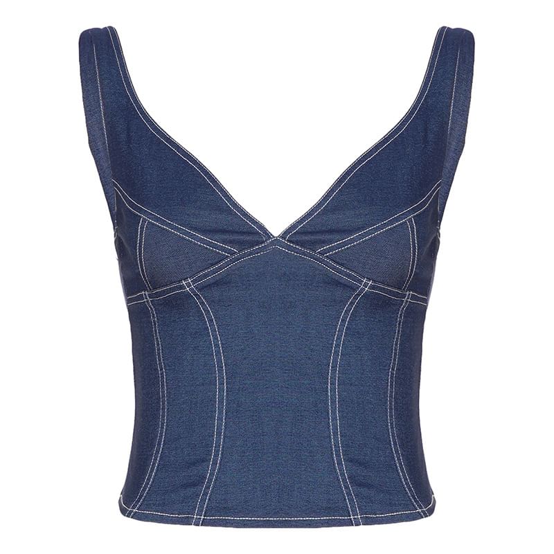 Faux Denim V-Neck Crop Tank Top with Low Waist Capri Pants