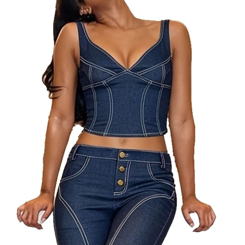Faux Denim V-Neck Crop Tank Top with Low Waist Capri Pants
