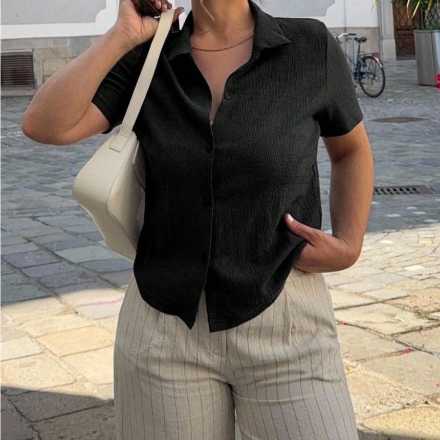 Textured Loose Fit Blouse with Short Sleeves in Solid