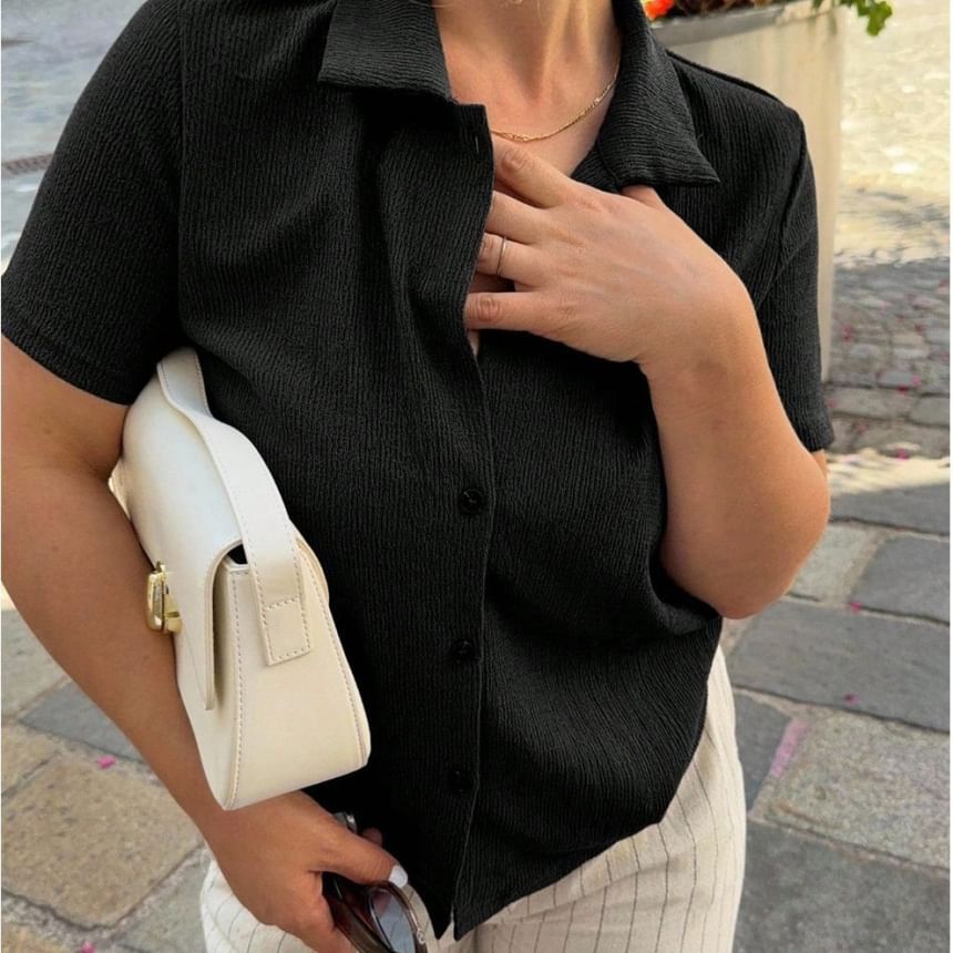 Textured Loose Fit Blouse with Short Sleeves in Solid