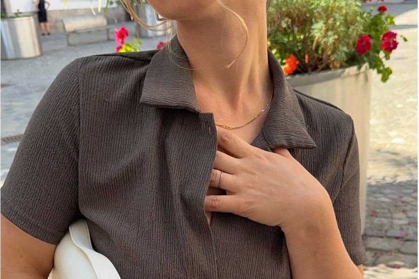 Textured Loose Fit Blouse with Short Sleeves in Solid