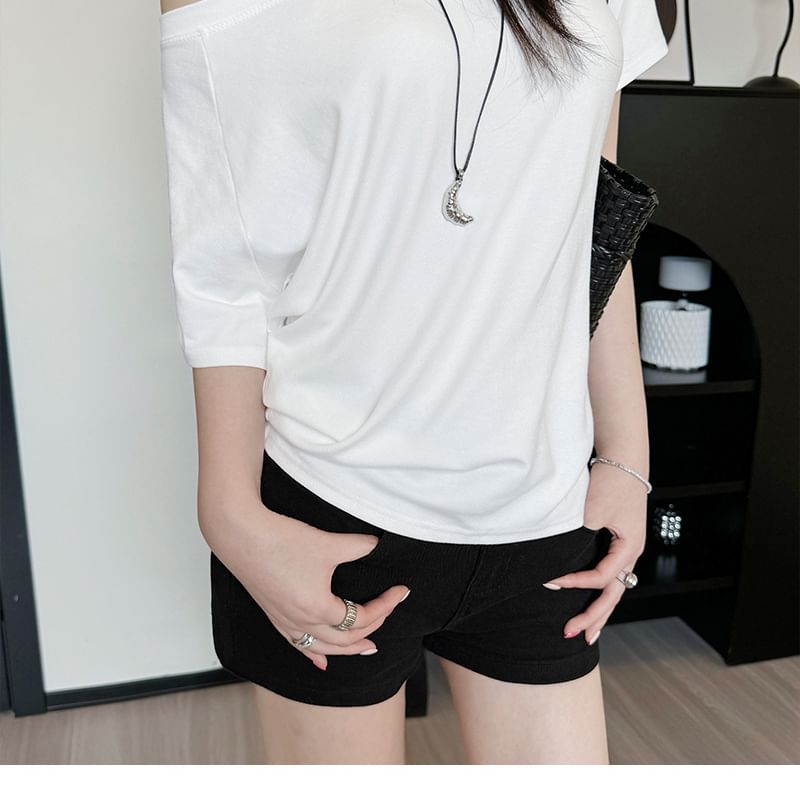 Off Shoulder Short Sleeve T-Shirt in Solid Color