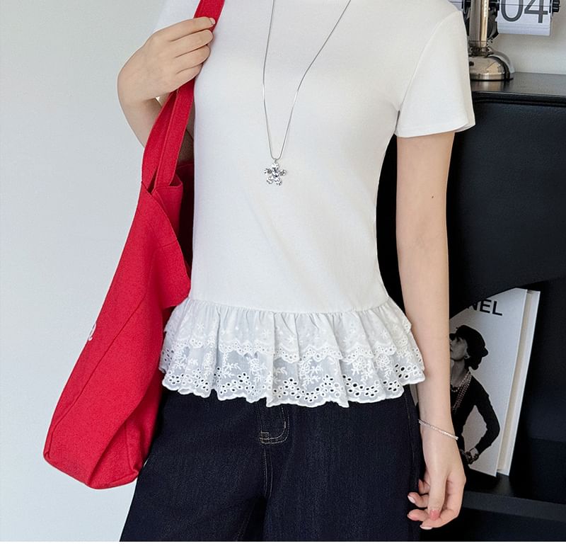 Short-Sleeve Crewneck Lace Hem Plain T-Shirt