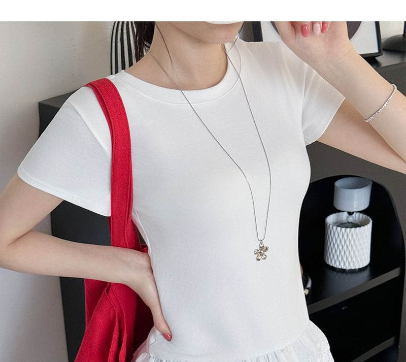 Short-Sleeve Crewneck Lace Hem Plain T-Shirt