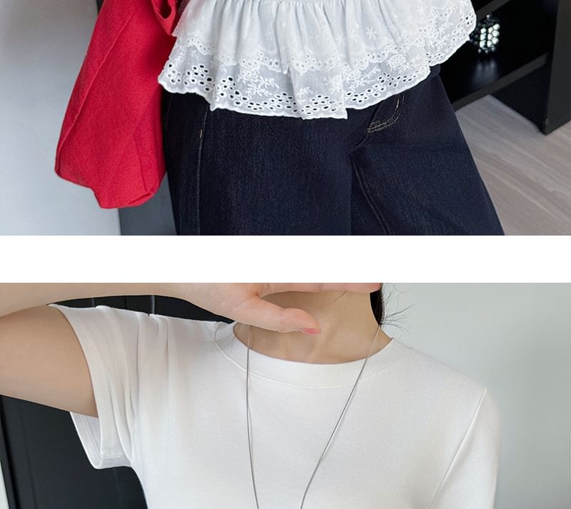 Short-Sleeve Crewneck Lace Hem Plain T-Shirt
