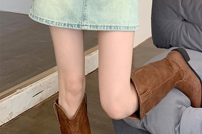 Mid Waist Washed Denim Mini A-Line Skirt