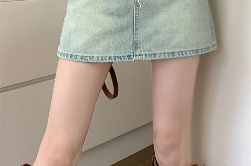 Mid Waist Washed Denim Mini A-Line Skirt
