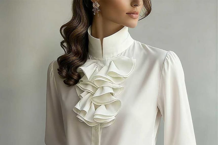 Stand Collar Ruffle Blouse with Long Sleeves in Solid