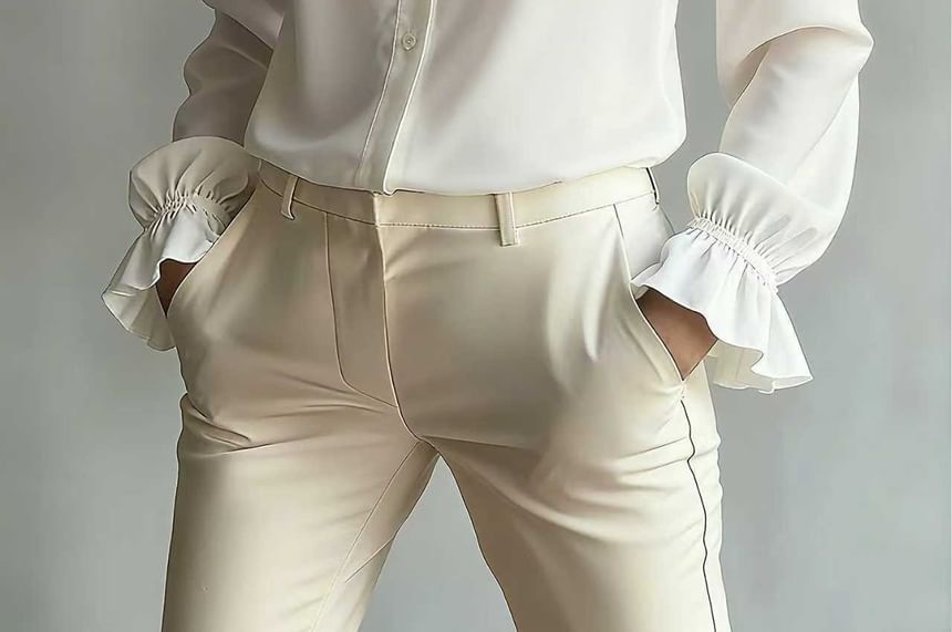 Stand Collar Ruffle Blouse with Long Sleeves in Solid