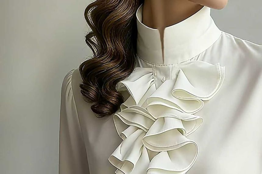 Stand Collar Ruffle Blouse with Long Sleeves in Solid