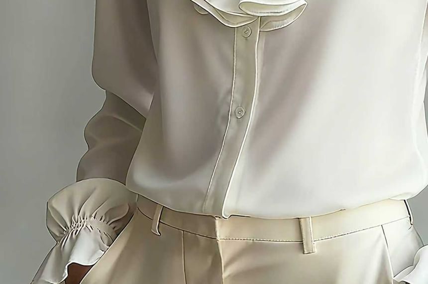 Stand Collar Ruffle Blouse with Long Sleeves in Solid