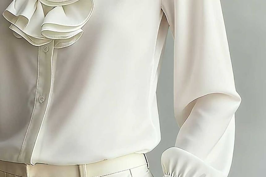 Stand Collar Ruffle Blouse with Long Sleeves in Solid