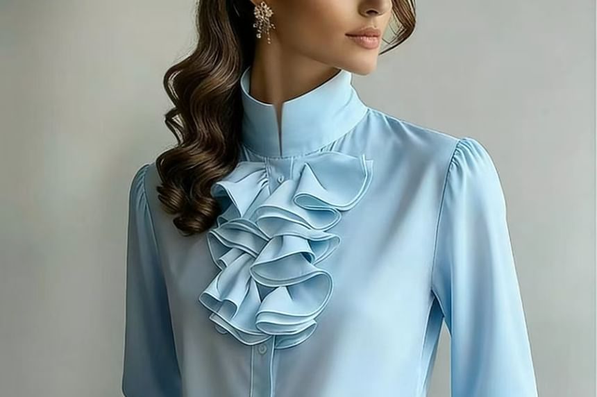 Stand Collar Ruffle Blouse with Long Sleeves in Solid