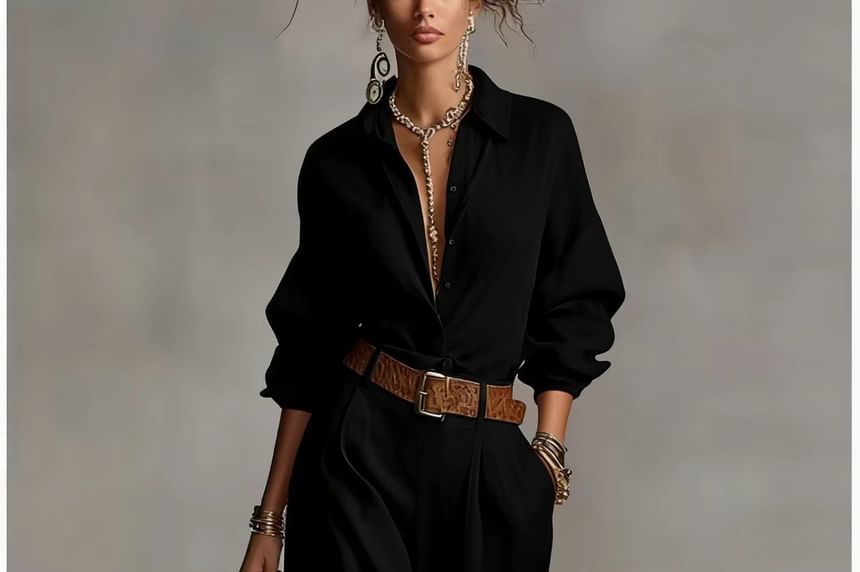 Collared Shirt and Wide Leg Pants Set for Women