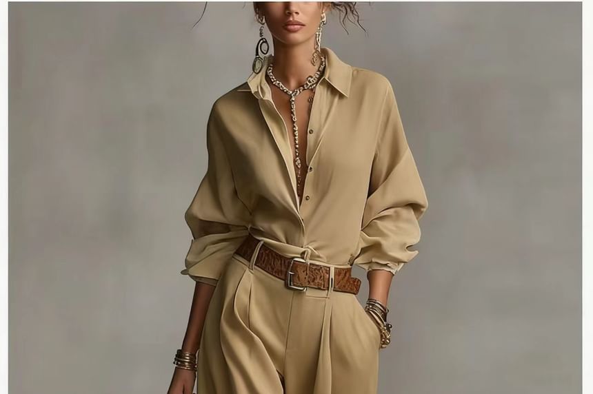 Collared Shirt and Wide Leg Pants Set for Women