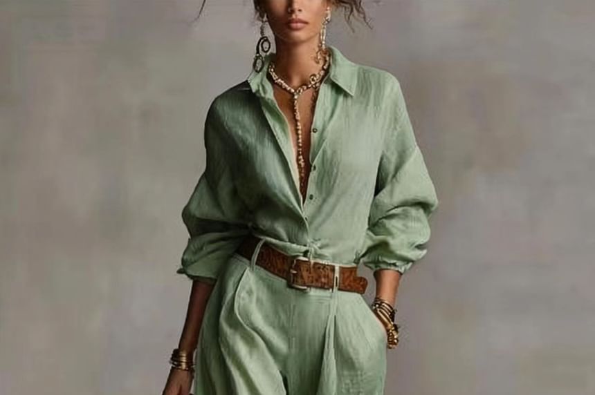 Collared Shirt and Wide Leg Pants Set for Women