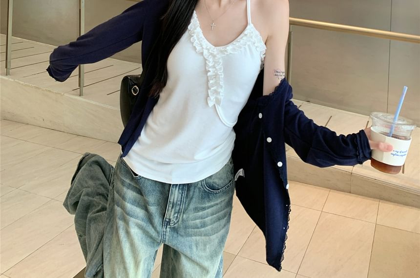 Halter Neck Plain Ruffle Trim Camisole Top / Plain Lace Trim Cardigan