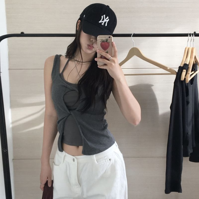 Scoop Neck Cutout Tank Top and Halter Top Set