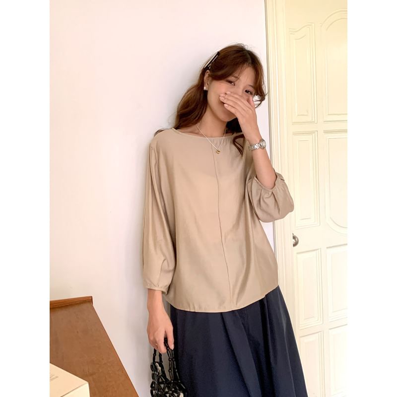 3/4 Sleeve Round Neck Top with Back Slit Detail