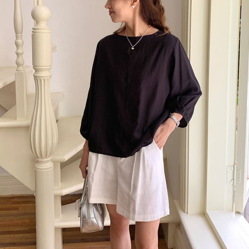 3/4 Sleeve Round Neck Top with Back Slit Detail