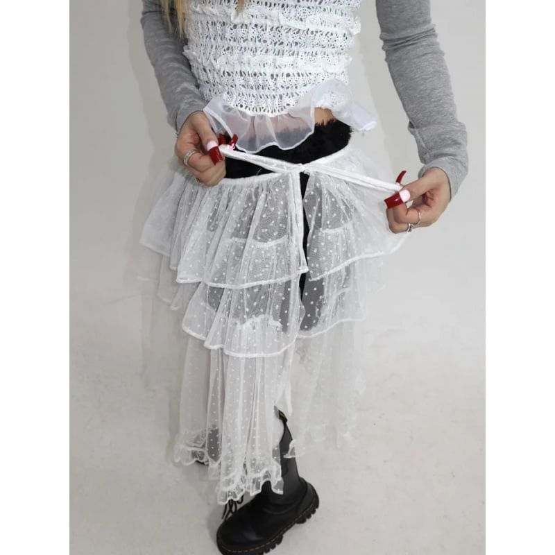 Tie Waist Dotted Ruffle Mesh Overlay Skirt