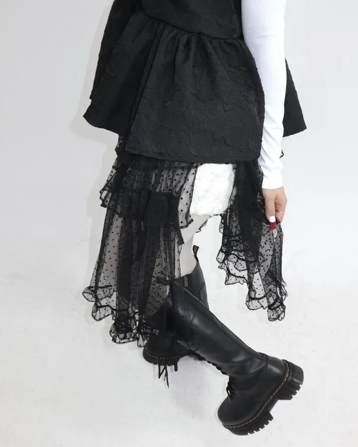 Tie Waist Dotted Ruffle Mesh Overlay Skirt