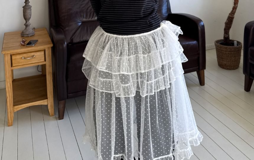 Tie Waist Dotted Ruffle Mesh Overlay Skirt