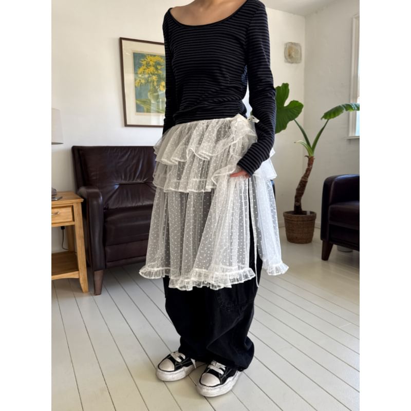 Tie Waist Dotted Ruffle Mesh Overlay Skirt