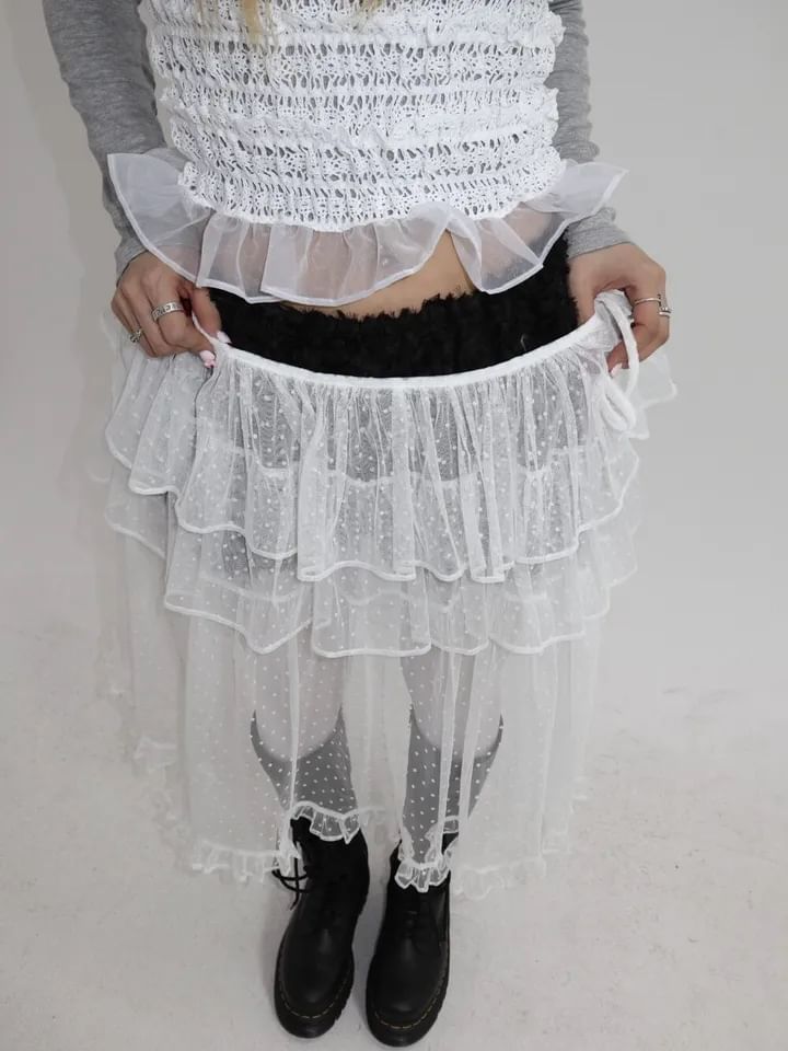 Tie Waist Dotted Ruffle Mesh Overlay Skirt