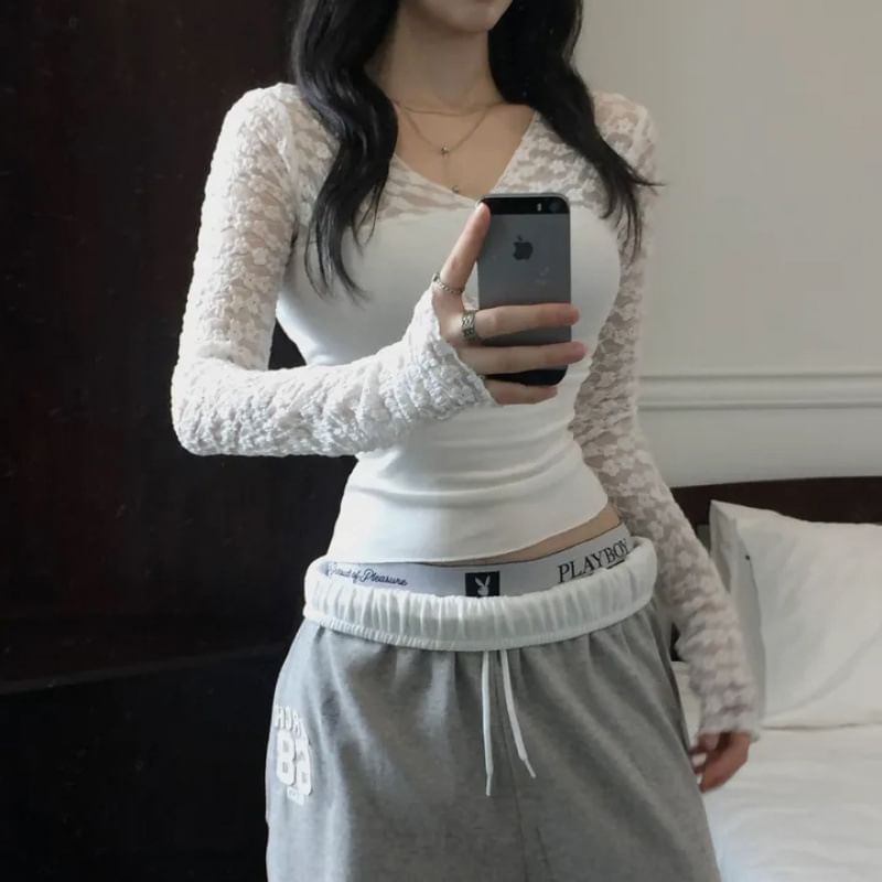 V-Neck Lace Panel Top with Long Sleeves in Solid Color