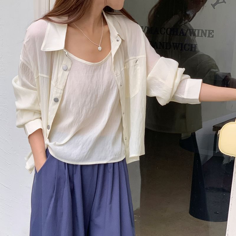 Coordinated Set: Long Sleeve Collared Shirt and Camisole