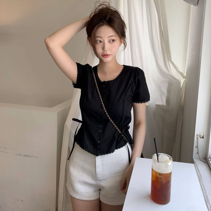 Short Sleeve Round Neck Plain Tie-Up Lace Trim Blouse